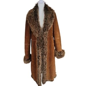 Wilsons Leather Rusty Brown Penny Lane Boho Style Coat with Faux Fur Trim Size L